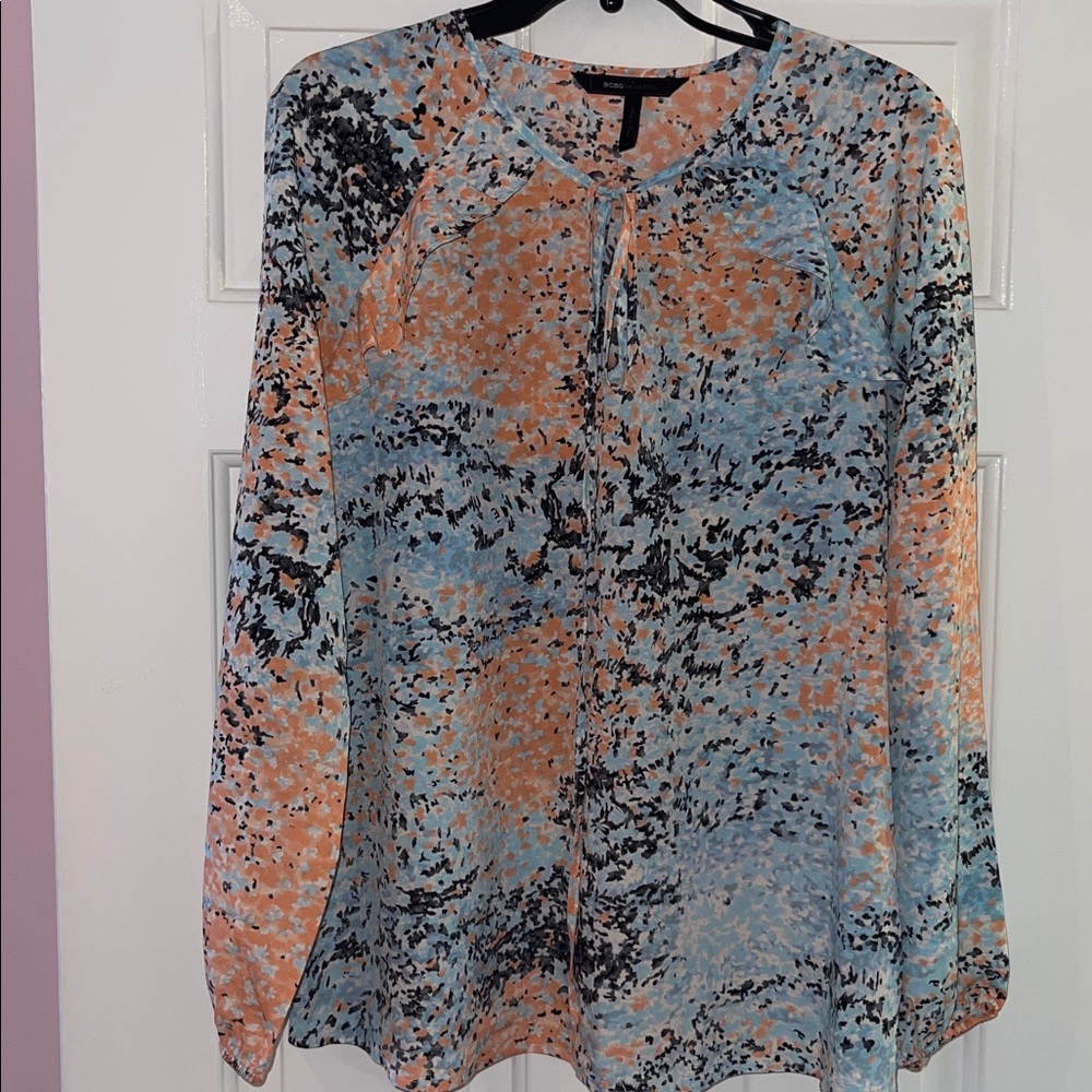 BCBGMaxAzria Orange and Blue Patterned Blouse